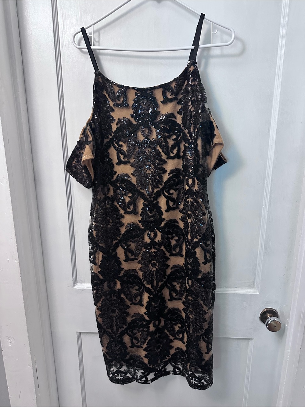 VENUS Black Embellished Lace One-Shoulder Dress on Nude Base